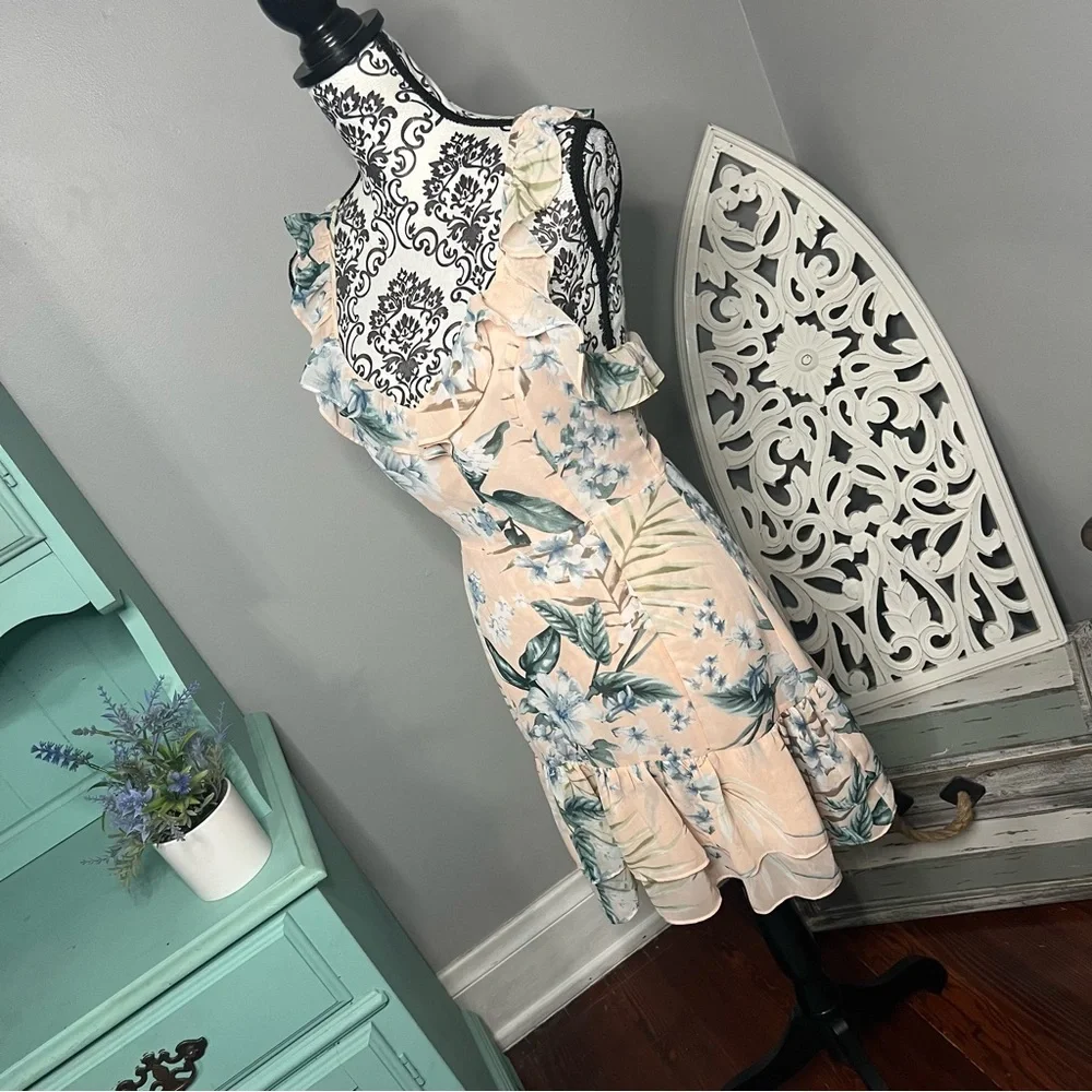 Lulus Sunrise Journey Blush Floral Lace Up Ruffle Mini Dress Size Small - Picture 9 of 16